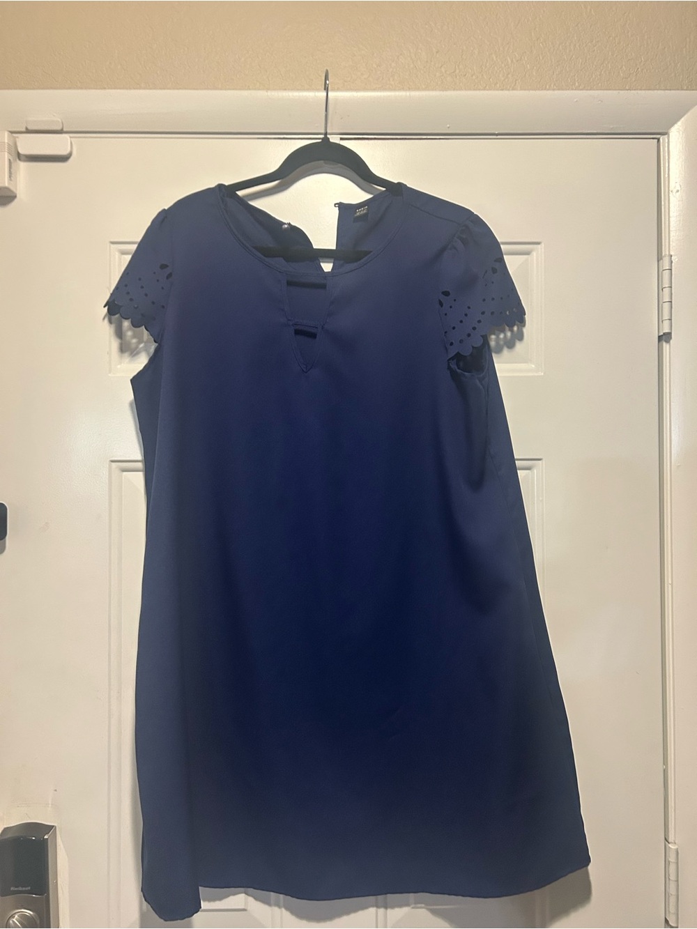 SHEIN Navy Short Sleeve Shift Dress with Laser Cut Detail